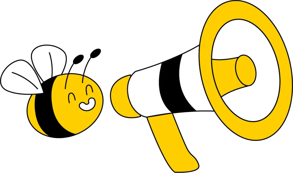 Marketing illustration: A happy bee mascot with a megaphone, symbolizing advertising, promotion, and digital marketing strategies.