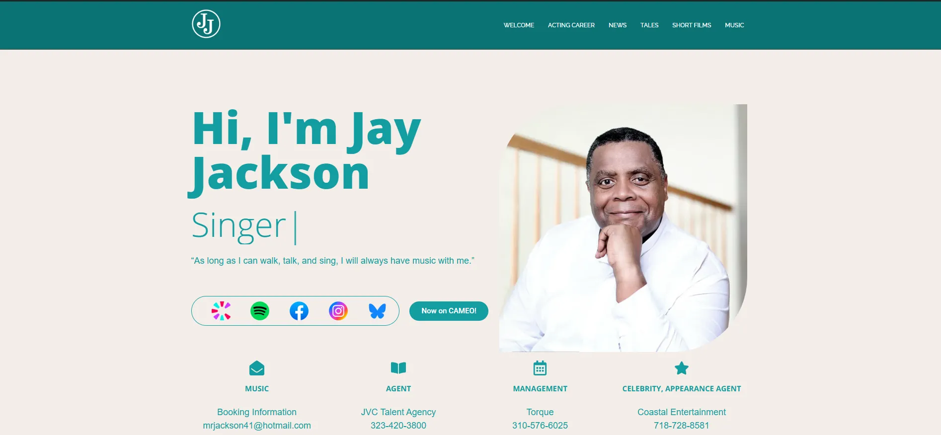 Web development example: Personal portfolio website of Jay Jackson, featuring a professional headshot and contact information.
