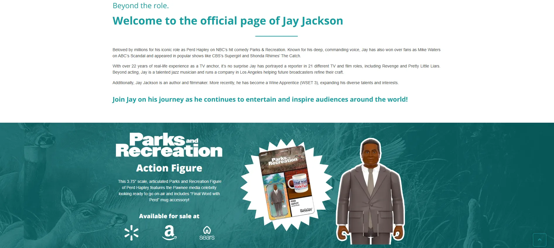 Web development example: Official page of Jay Jackson featuring his biography and a Parks and Recreation action figure promotion.