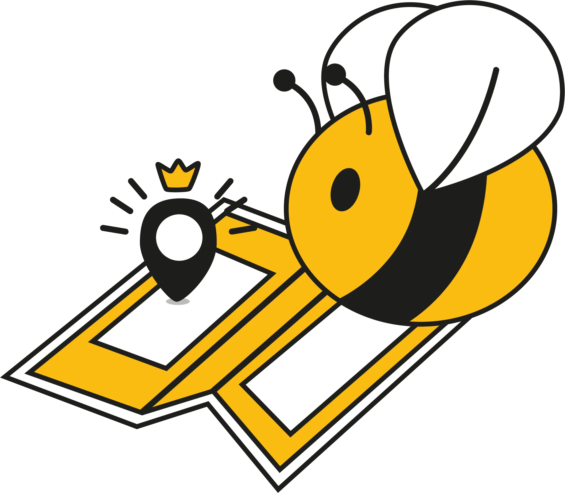 SEO illustration: A bee mascot interacting with a location pin on a map, symbolizing search engine optimization and local SEO strategies.