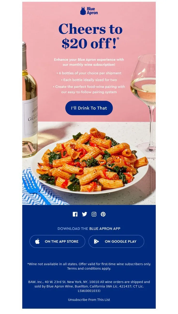 Email marketing example: Blue Apron promotional email offering $20 off a wine subscription with food pairing recommendations.